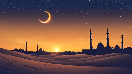 Obraz premium 23.A tranquil desert scene at twilight, where a golden sun sets behind soft dunes, leaving a crescent moon and bright star to illuminate the sky. Majestic silhouettes of Masjid Aqsa and the Kaaba are