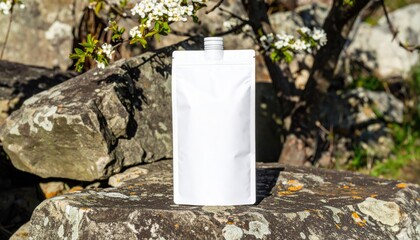 White Stand Up Spout Pouch on Rocks with Blooming Flowers