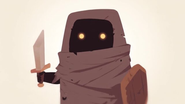 Animated warrior figure holding sword and shield on a simple background