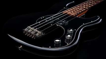 Naklejka premium 48.A close-up of a black electric guitar under low, soft lighting, emphasizing the reflective, glossy surface of the instrument. The shot focuses on the sleek body and detailed strings, with deep