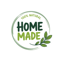 Green handdrawn circle displays one hundred percent natural homemade text with a plant on white