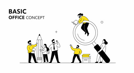 Conceptual vector illustration of a dedicated business team collaborating on a project, using analysis and creativity to find solutions