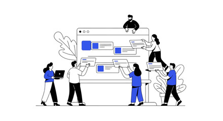 Fototapeta premium Business team working together on a digital interface, organizing tasks and managing workflow in a modern flat design illustration