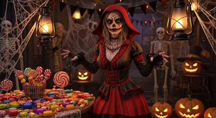 Woman in halloween costume with candy, pumpkins, and skeletons decoration.