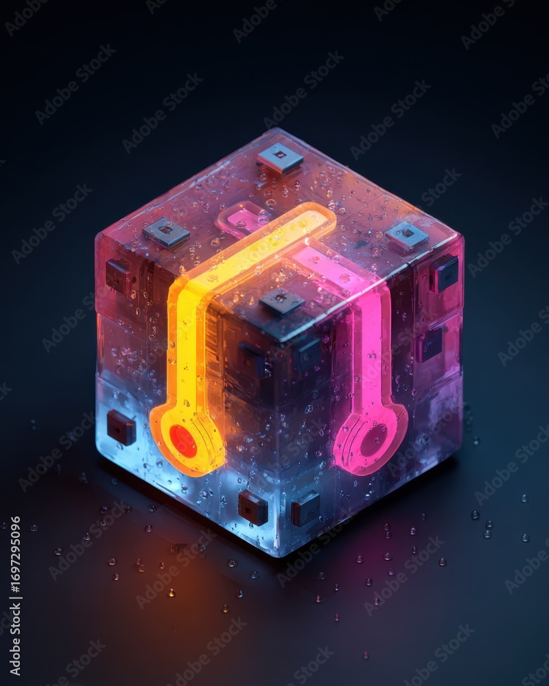 Poster neon glowing abstract cube with colorful shapes and water droplets on a dark background highlighting