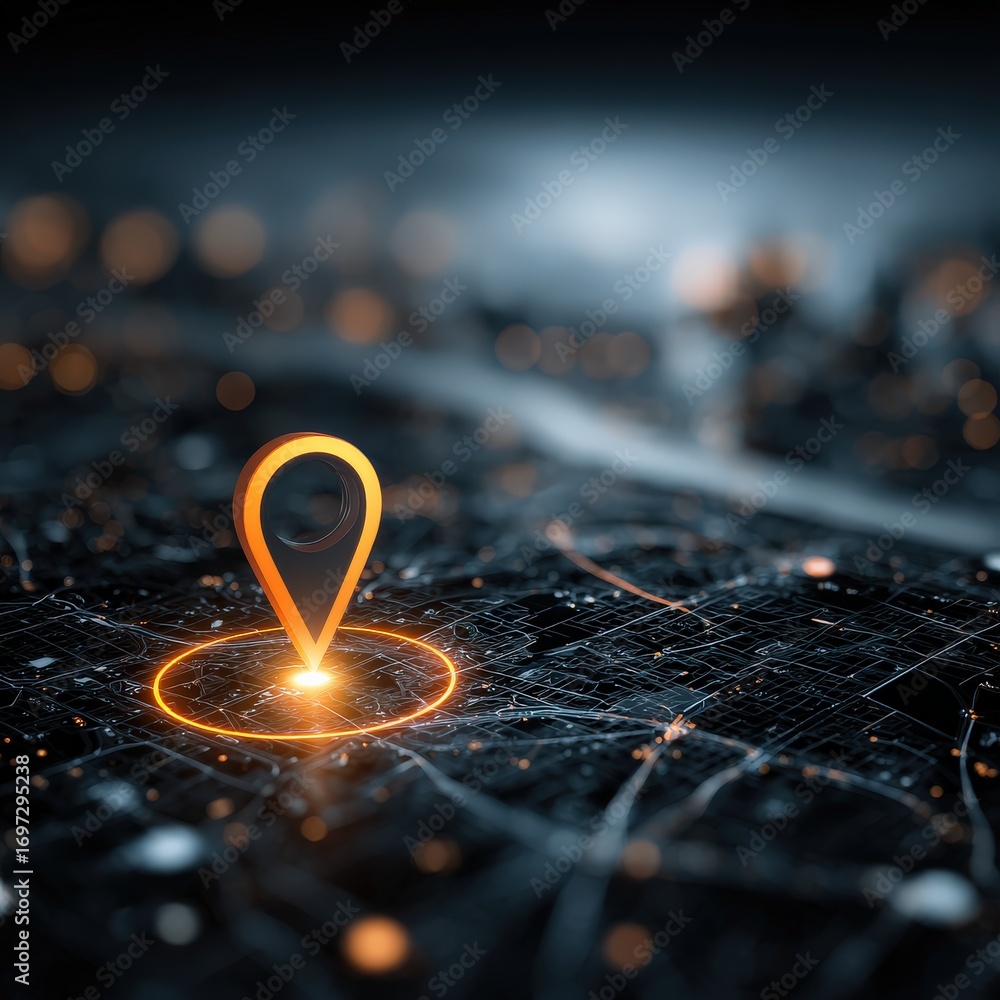 Poster a glowing location pin stands out against a dark, digital map background, symbolizing navigation and