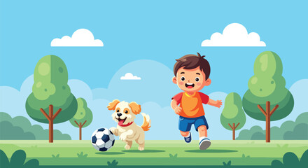 Adobe illustrator artwork vector illustration of a boy and his dog playing soccer in a park, perfect for children's books and educational content