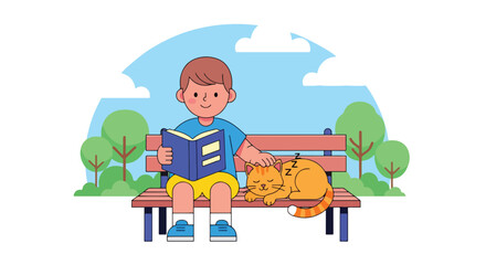 Adobe illustrator artwork vector illustration of a boy reading a book with his cat on a park bench, ideal for educational themes and depicting peaceful leisure