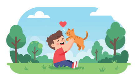 Adobe illustrator artwork vector illustration of a cheerful boy playing outdoors, happily throwing his playful cat into the air in a lush green park