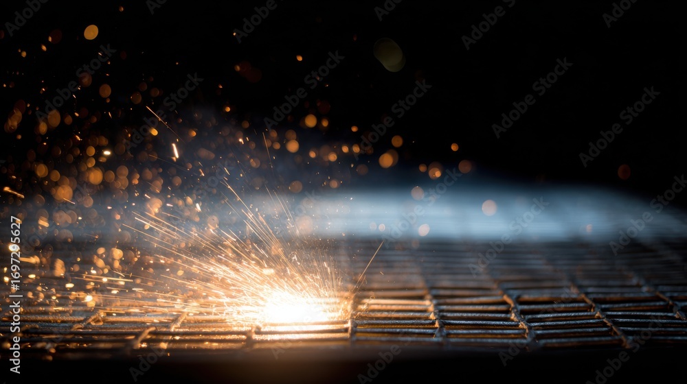 Poster spark creation from metal surface during grinding process with dark background and shimmering partic