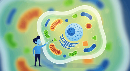 Naklejka premium Educational biology vector illustration depicting the detailed anatomy of an animal cell with its organelles, presented by a small cartoon teacher