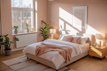 Bright Bedroom with Pink Walls, Large Window, Plants, and Sunlight Streaming In interior