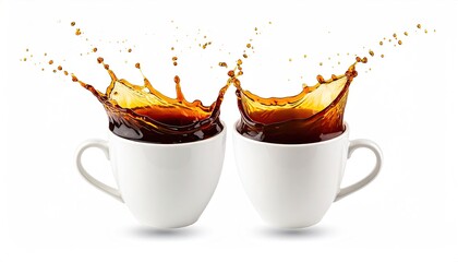 Two White Cups of Coffee with Brown Liquid Splashes on White Background