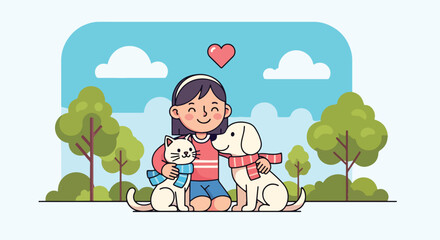 Adobe illustrator artwork vector illustration of a happy girl hugging her cat and dog, symbolizing love, friendship, and the joy of pet companionship