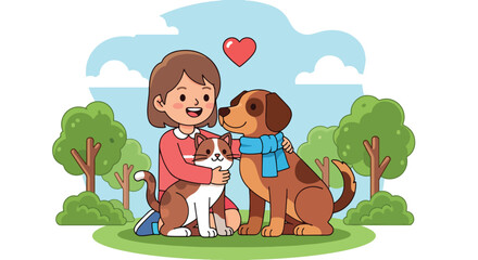 Adobe illustrator artwork vector illustration of a happy girl hugging her cat and dog, symbolizing love, friendship, and the joy of pet companionship