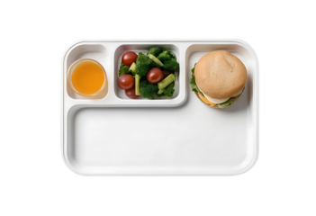 Healthy packed lunch on tray for child, School lunch White tray with burger and fruits, Vegetarian menu, Serving tray of healthy food transparent background, Tray with tasty food.