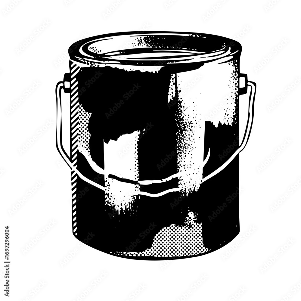 Poster vector black paint can with handle and drips.