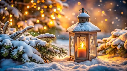 Winter landscape with lantern and candle in snowy forest scene
