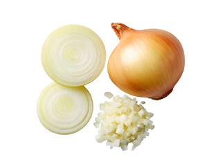 A yellow onion shown whole, sliced in rings, and finely diced. This versatile food prep shot displays different ways to prepare this essential ingredient.