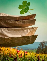 Lucky clover atop brown paper