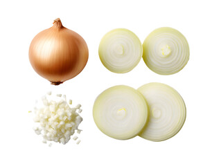 A yellow onion shown whole, sliced in rings, and finely diced. This versatile food prep shot displays different ways to prepare this essential ingredient.