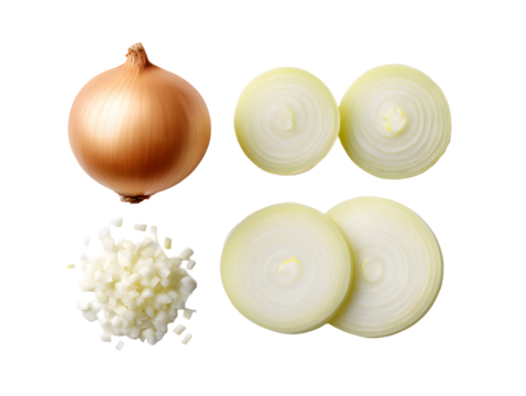 A yellow onion shown whole, sliced in rings, and finely diced. This versatile food prep shot displays different ways to prepare this essential ingredient.