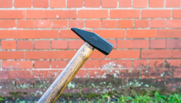 Close-up of a hammer against brick wall