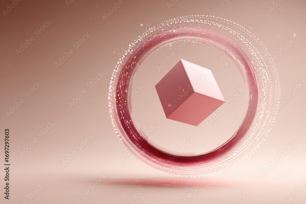 Poster floating pink cube in a circular motion with sparkling elements on a soft pastel background for abst