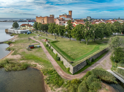Aerial view of Kalmar old town, surrounded by fortifications, bastions, walls on the Baltic Sea in Sweden