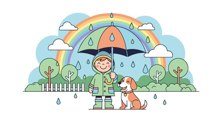 Adobe illustrator artwork vector illustration of a cheerful child with an umbrella and dog enjoying a rainy day with a rainbow, depicting joy in all weather