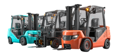 Colorful Forklifts in a Row on a White Background