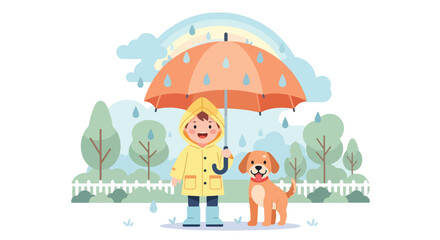 Adobe illustrator artwork vector illustration of a cheerful child with an umbrella and dog enjoying a rainy day with a rainbow, depicting joy in all weather