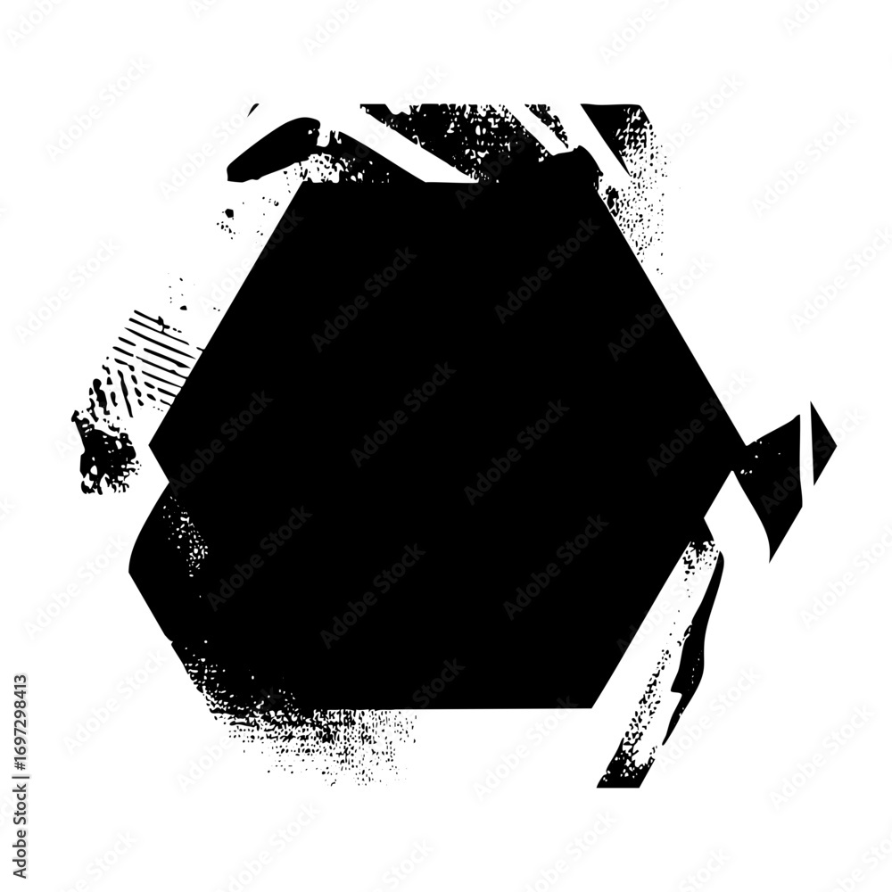 Aufkleber vector abstract black hexagon with distressed edges and dynamic elements.