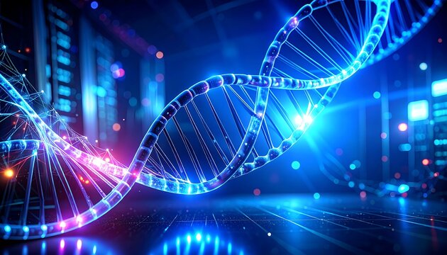 Futuristic DNA helix in a tech-filled environment