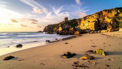 Coastal sunset view with cliffs and a tower