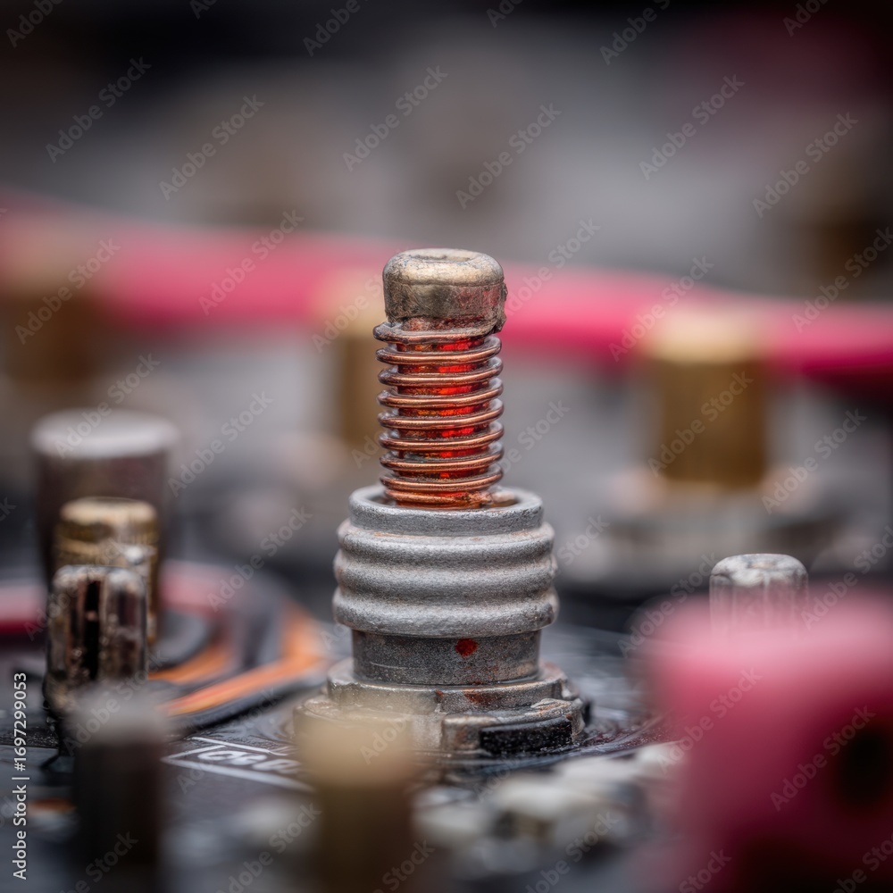Poster Close-Up of Technical Electronic Component with Metal Spring and Circuit Board Background for Technology and Innovation Themes