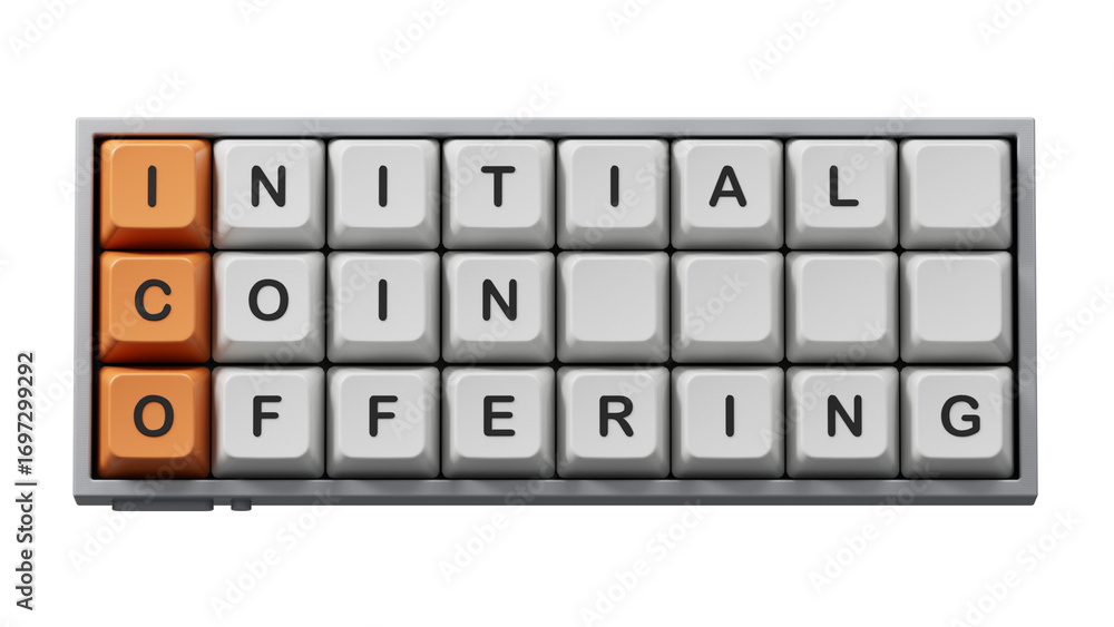 Poster letters of the alphabet of ico on computer keyboard keys. ico - short for initial coin offering. com