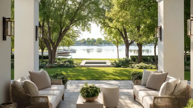 Luxurious outdoor patio with comfortable seating overlooking a serene lake and lush green trees on a sunny day