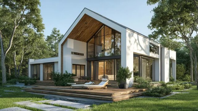 Stunning contemporary house with a grand pitched roof, expansive glass walls, and a wooden deck surrounded by lush forest