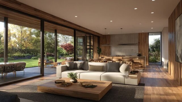 Spacious living room with large windows, modern sofa, and wooden accents, overlooking a garden
