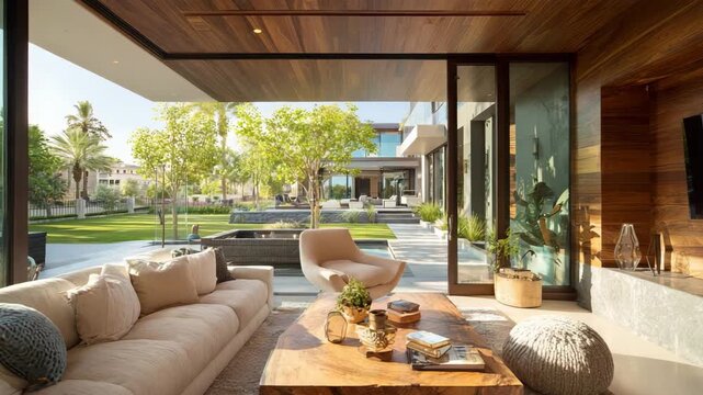 Elegant living room with plush sofa, wooden coffee table, and large glass doors opening to a lush garden