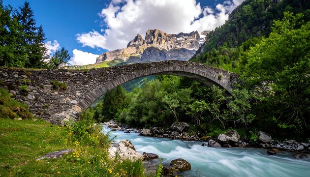 Mountain stream with arch bridge