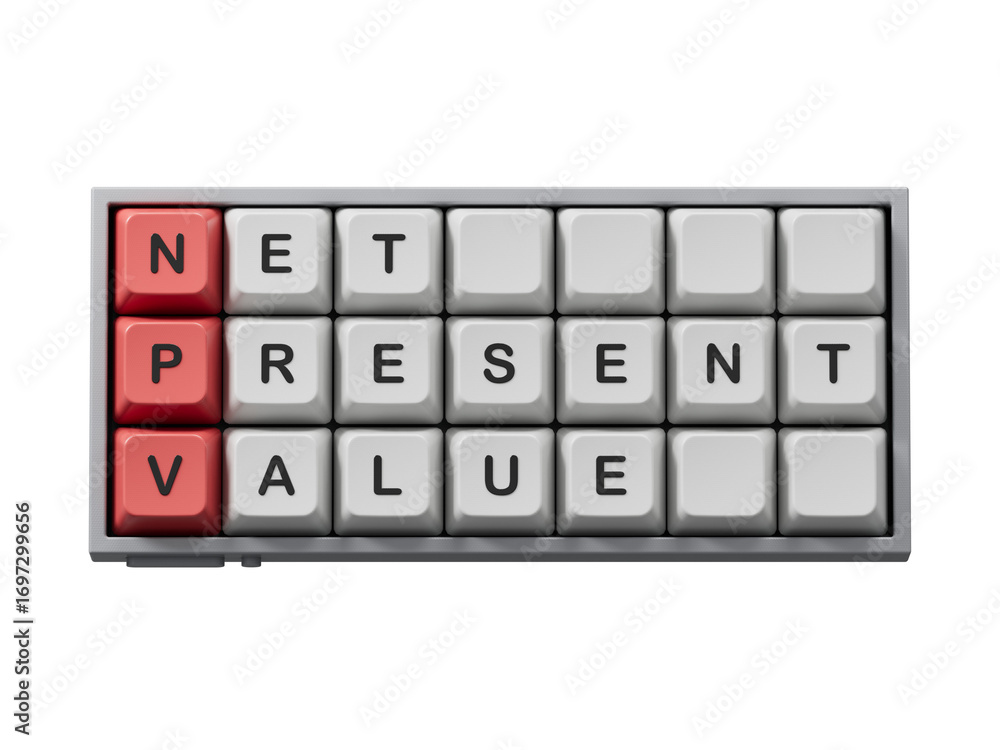 Poster net present value. npv the word on computer keyboard keys, cubes stand on a reflective surface. busi