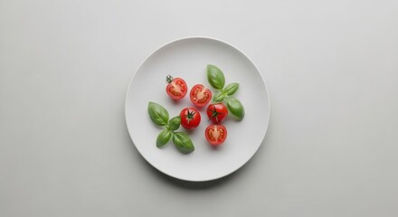 Healthy vegetarian meal of fresh red and white peppers on a plate with tomatoes and green salad