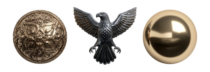 Decorative Elements: Ornate Sphere, Eagle Emblem, Shiny Sphere