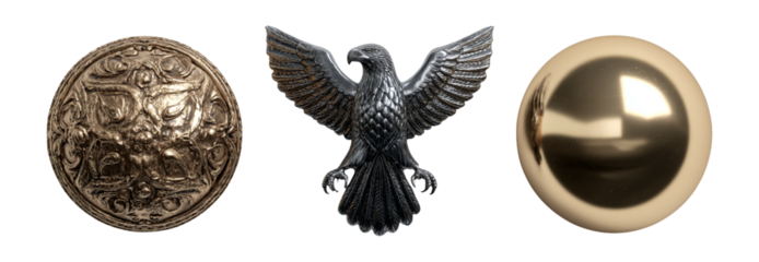 Decorative Elements: Ornate Sphere, Eagle Emblem, Shiny Sphere