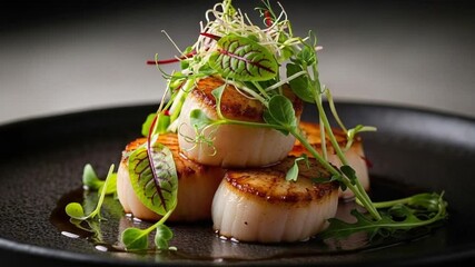 Exquisite Seared Scallops Presentation on Dark Plate, Ideal for Upscale Restaurant Menus, Culinary Blogs, and Fine Dining Advertising Campaigns