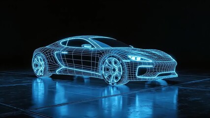 Digital wireframe model of a futuristic car concept. A glowing blue hologram of a modern sports vehicle on a reflective surface. Advanced automotive design and technology illustration - Powered by Adobe