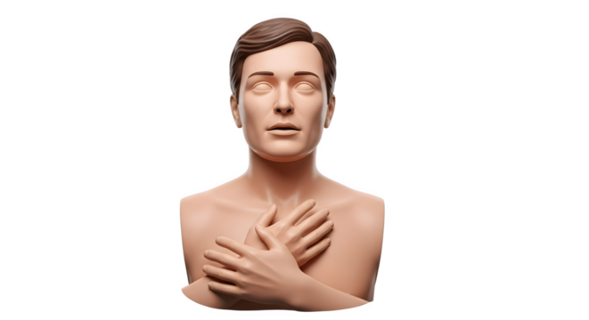 CPR training dummy showing chest compressions technique.