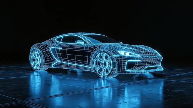 Digital wireframe model of a futuristic car concept. A glowing blue hologram of a modern sports vehicle on a reflective surface. Advanced automotive design and technology illustration
